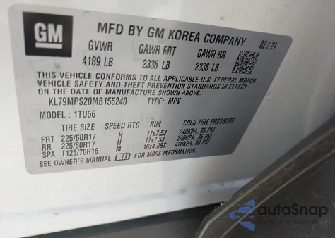 2021 Chevrolet Trailblazer Fwd Lt from USA, damaged, VIN KL79MPS20MB155240